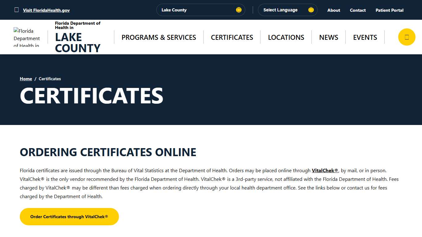 Certificates - Florida Department of Health in Lake County